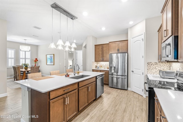 kitchen featuring sink, tasteful backsplash, hanging light fixtures, a center island with sink, and stainless steel appliances