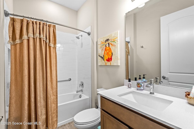 full bathroom with toilet, vanity, and shower / bathtub combination with curtain