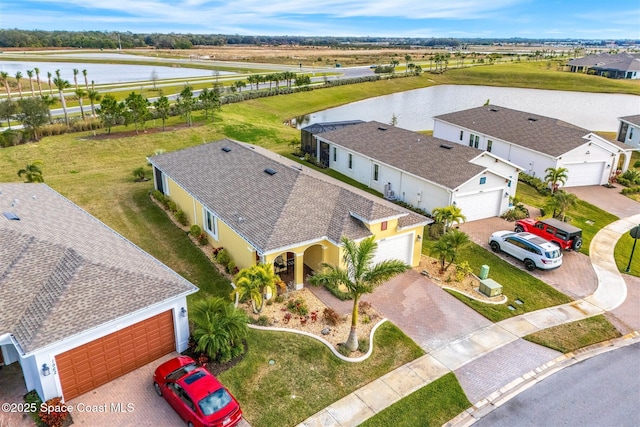 drone / aerial view with a water view