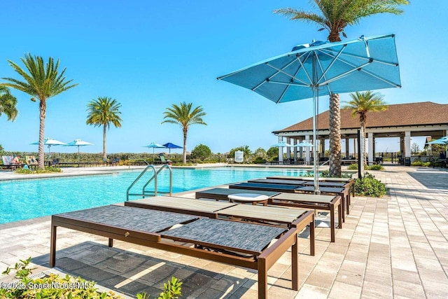 view of swimming pool featuring a patio area