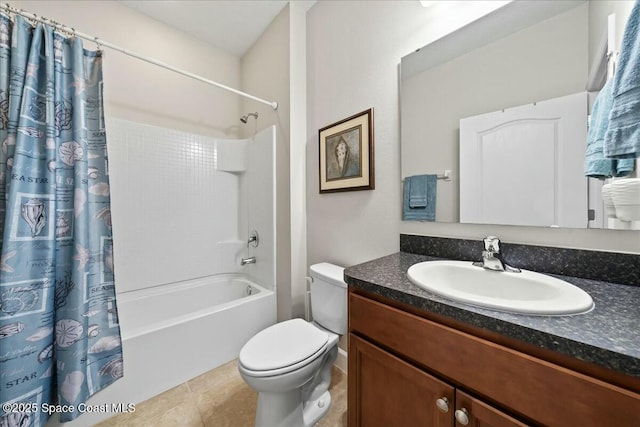 full bathroom with shower / bath combination with curtain, vanity, toilet, and tile patterned flooring