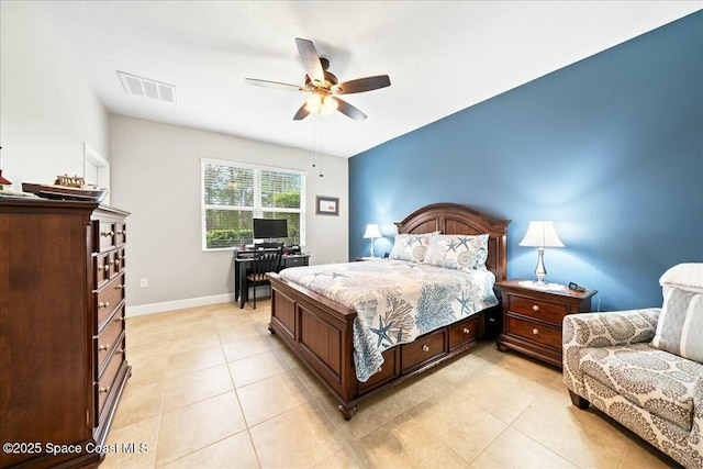 bedroom featuring light tile patterned flooring and ceiling fan