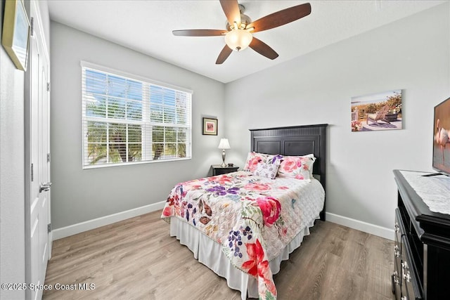 bedroom featuring ceiling fan and light wood-type flooring