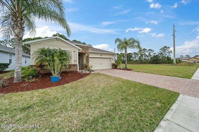 ranch-style home with a garage and a front lawn