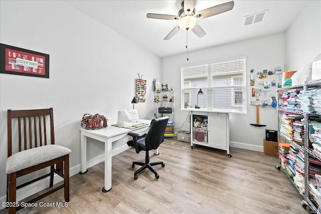 home office featuring ceiling fan and light wood-type flooring