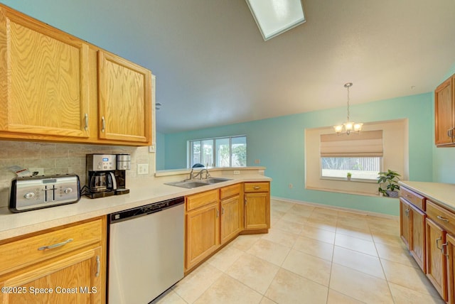 kitchen with pendant lighting, sink, dishwasher, plenty of natural light, and decorative backsplash