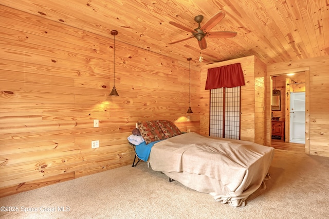 unfurnished bedroom featuring light colored carpet, wooden walls, and wooden ceiling