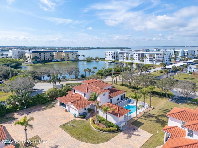 aerial view with a water view