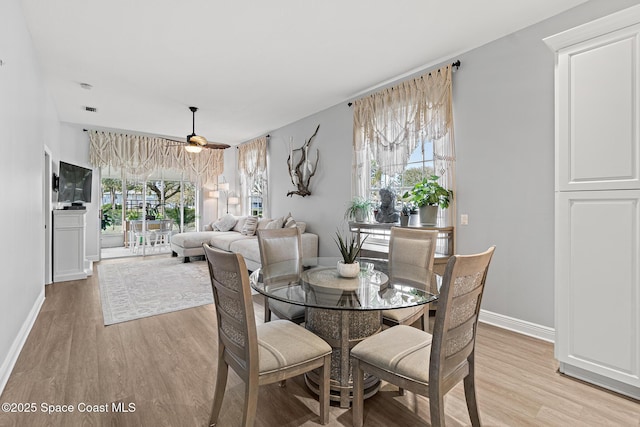 dining area with ceiling fan and light wood-type flooring