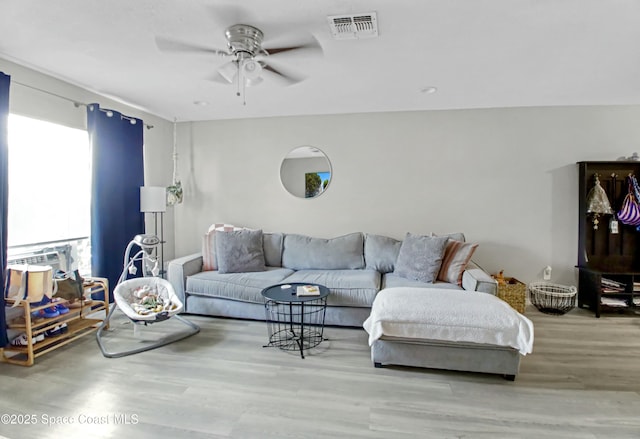 living room with ceiling fan and light wood-type flooring