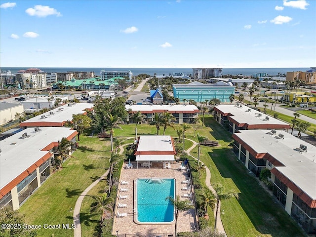 drone / aerial view featuring a water view