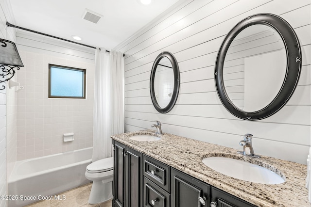 full bathroom with shower / tub combo with curtain, tile patterned floors, toilet, vanity, and wooden walls