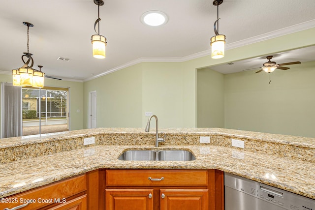 kitchen featuring crown molding, sink, decorative light fixtures, and dishwasher