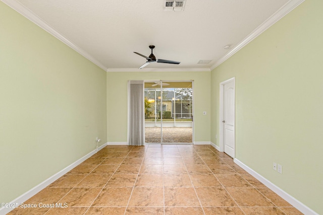 empty room featuring crown molding, light tile patterned floors, and ceiling fan