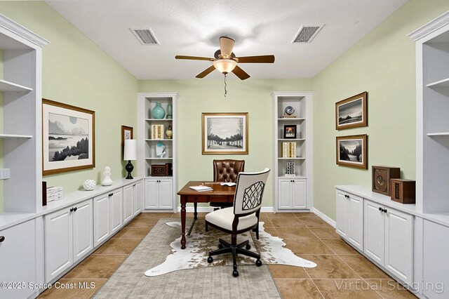 3765 Sansome Cir, Melbourne, FL 32940 - office space with built in features, a ceiling fan, light tile patterned flooring, and visible vents