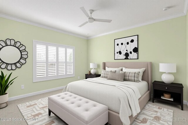3765 Sansome Cir, Melbourne, FL 32940 - bedroom featuring baseboards, ornamental molding, ceiling fan, and light colored carpet