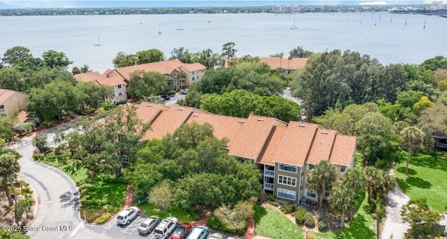 drone / aerial view featuring a water view