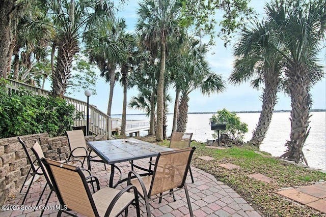 view of patio featuring a water view