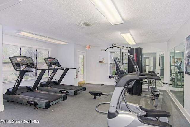 workout area featuring a textured ceiling and a wealth of natural light