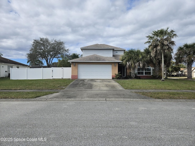813 Pine Shadows Ave, Rockledge, FL 32955 - traditional home with fence, an attached garage, a front lawn, brick siding, and aphalt driveway
