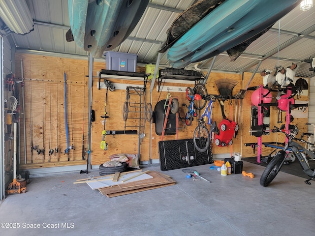 garage with a workshop area