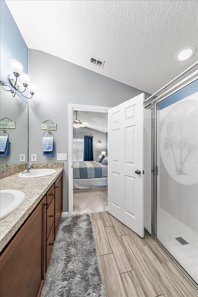 bathroom featuring vanity and a shower with shower door