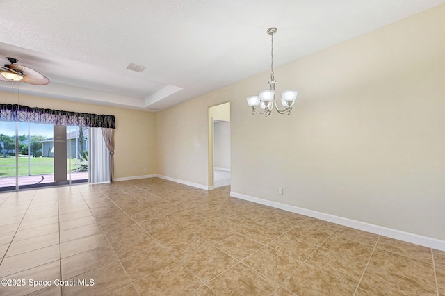 3804 Sansome Cir, Melbourne, FL 32940 - spare room with light tile patterned floors, baseboards, visible vents, ceiling fan with notable chandelier, and a raised ceiling
