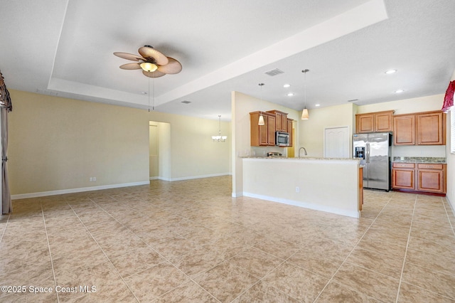 3804 Sansome Cir, Melbourne, FL 32940 - unfurnished living room featuring recessed lighting, a raised ceiling, a ceiling fan, and light tile patterned floors