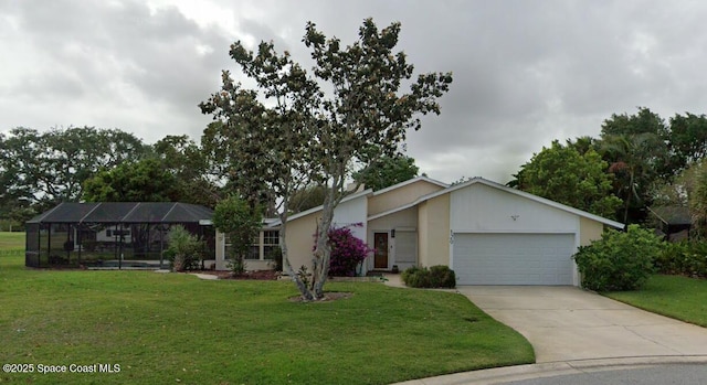 single story home with a garage, a front yard, and glass enclosure