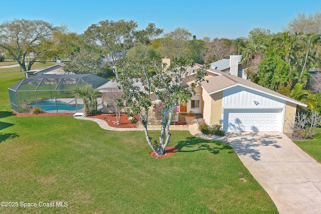 view of front of house with stucco siding, concrete driveway, a front yard, a garage, and a lanai