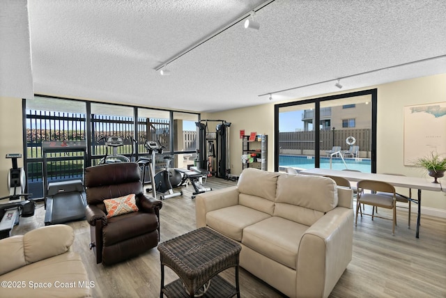 living room with light hardwood / wood-style floors, rail lighting, and a textured ceiling