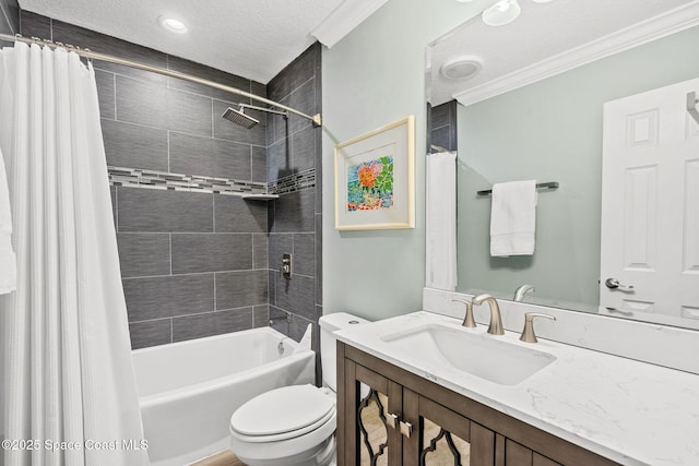 full bathroom with vanity, ornamental molding, toilet, shower / bathtub combination with curtain, and a textured ceiling