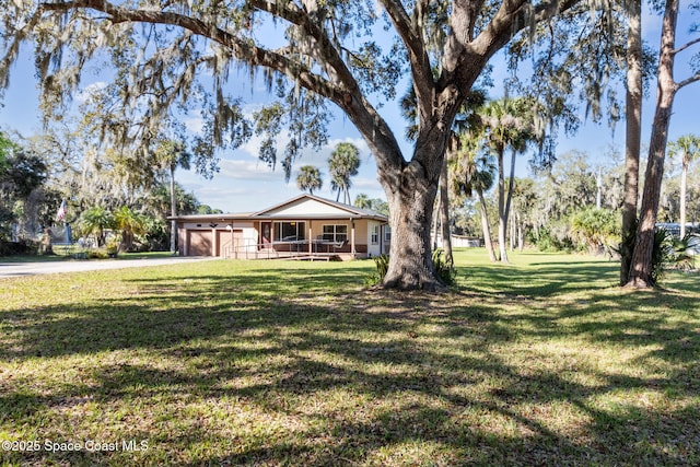 view of yard with a garage and driveway