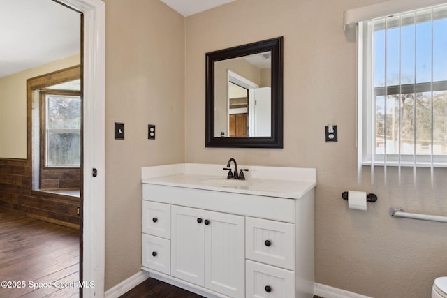 bathroom featuring baseboards, wood finished floors, and vanity