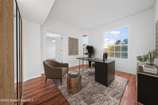 home office with dark hardwood / wood-style flooring