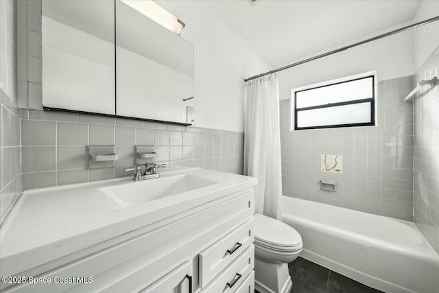 full bathroom with tile walls, vanity, shower / bath combination with curtain, decorative backsplash, and toilet