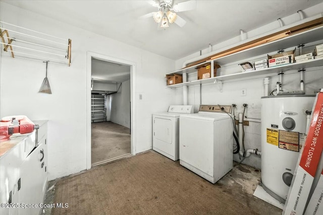 washroom with separate washer and dryer, water heater, and ceiling fan