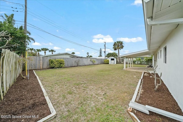 view of yard with a patio and a shed