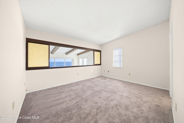 spare room featuring lofted ceiling with beams, a textured ceiling, and carpet