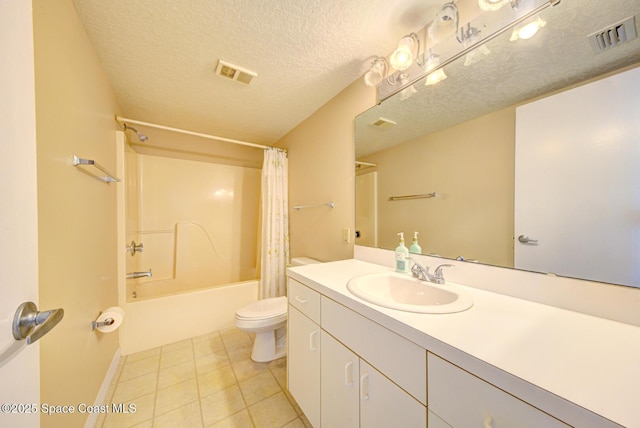 full bathroom with shower / tub combo, vanity, a textured ceiling, tile patterned floors, and toilet