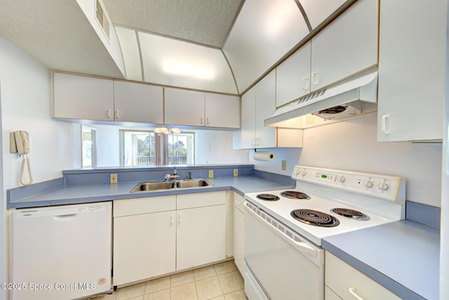 kitchen with white cabinetry, sink, and white appliances