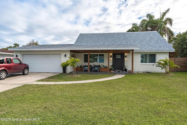 single story home with a garage, a porch, and a front yard