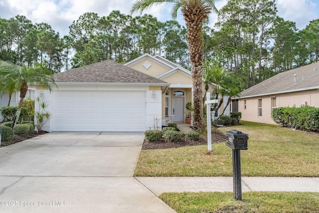 single story home featuring a garage and a front yard