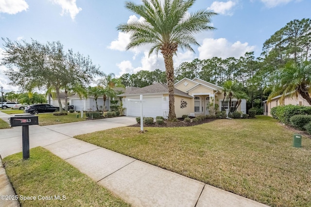 single story home with a garage and a front yard