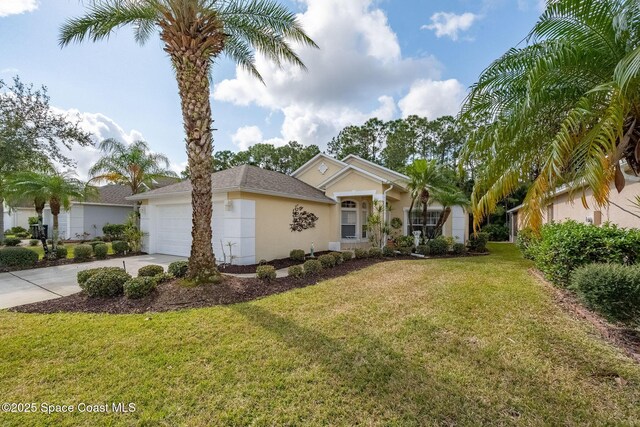 single story home featuring a garage and a front yard