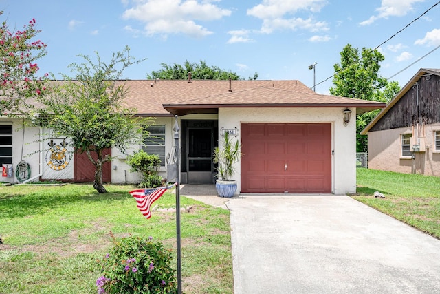 ranch-style house with a garage and a front yard