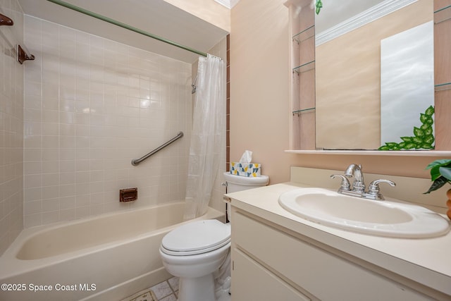 full bathroom featuring shower / bathtub combination with curtain, vanity, and toilet