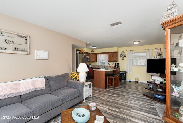 living room with dark hardwood / wood-style floors