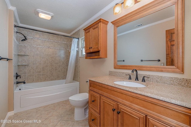 full bathroom featuring shower / tub combo with curtain, crown molding, tile patterned floors, and toilet