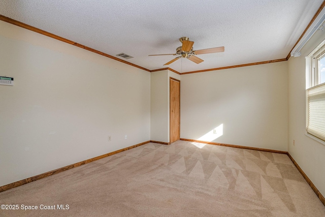 carpeted empty room featuring ceiling fan, ornamental molding, and a textured ceiling